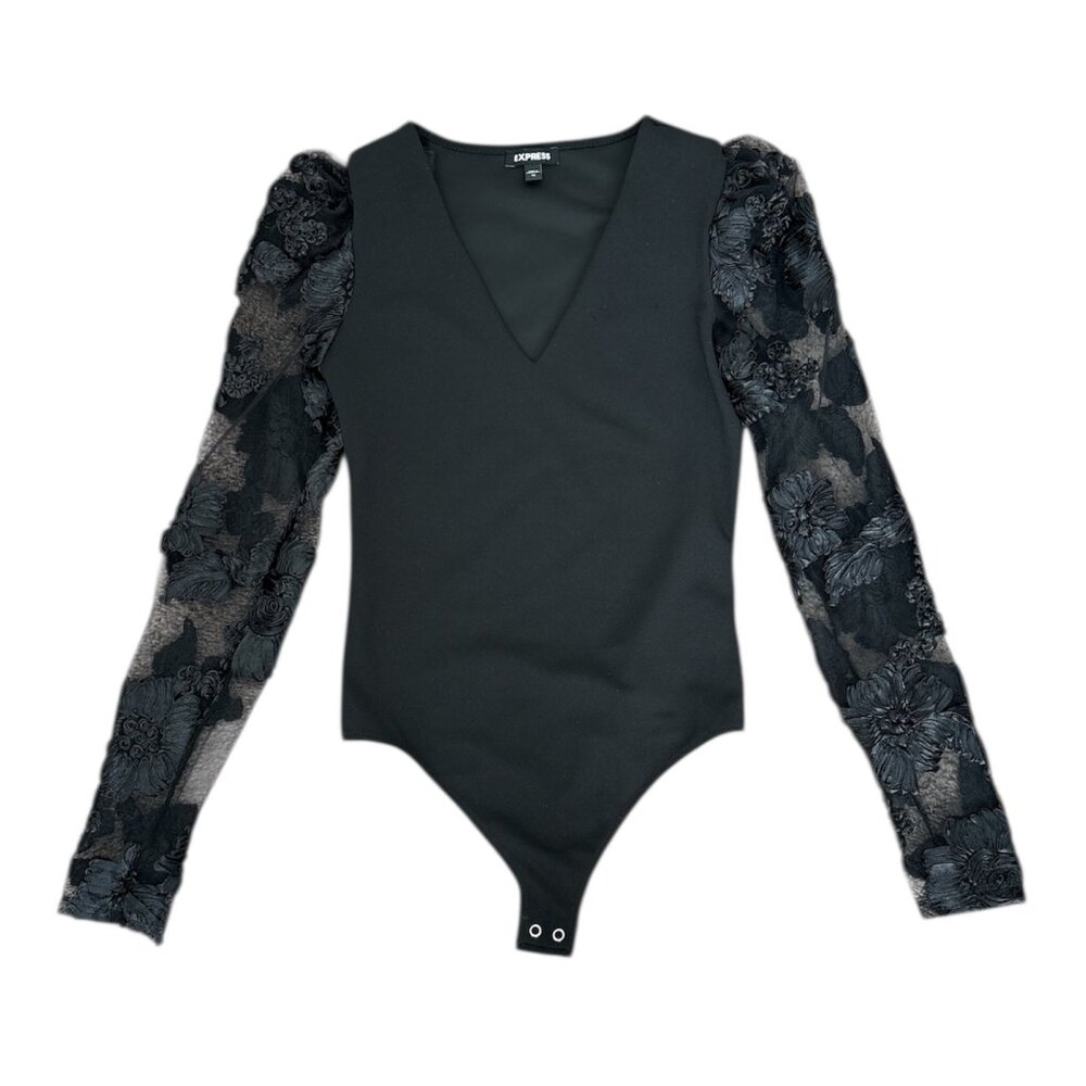 Express Black Lace Sleeve V-Neck Bodysuit | Sheer Floral Sleeves | Size XS